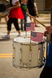 A snare drum played by a performer marching in the 4th of July parade in Troy, Montana.