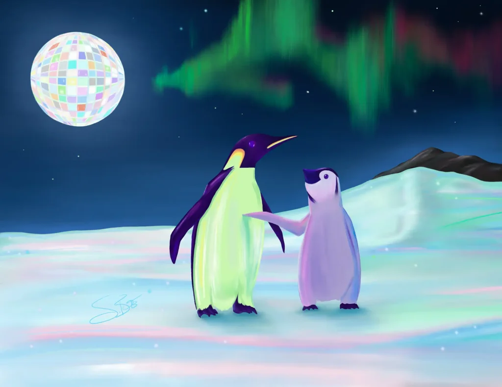 A father-daughter friendship, transmuted into a pair of penguins talking under a disco moon.