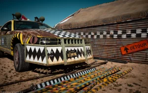 “War rig” of Wasteland Weekend camp Nuke Review, parked at the camp build site.