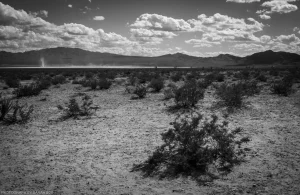 A desolate Mojave “Wasteland” landscape in black and white