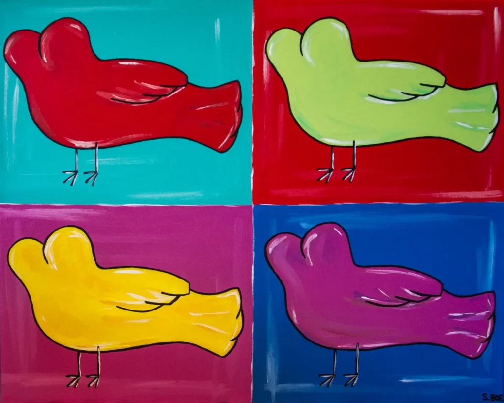 A grid of colorful “buttfinches.”