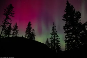 A wide range of colors – red, pink, purple, yellow, and green – appear in an extremely active aurora over northwest Montana.