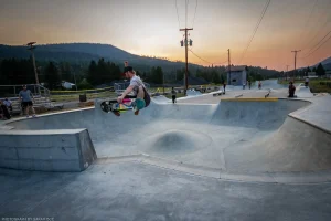 A skater gets airborne during an open skate session at the Screaming Brain Festival in Troy, Montana.