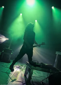 John Famiglietti, bassist of noise rock/industrial band HEALTH, performs at Revolution Hall in Portland, Oregon.