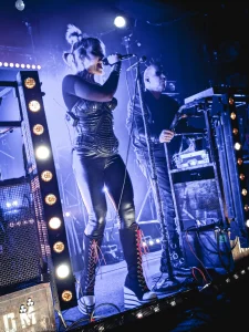 Lucia Cifarelli and Sascha Konietzko (Käpt’n K) of legendary industrial band KMFDM perform at the Wonder Ballroom in Portland, Oregon.