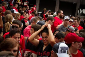 Chicago hockey fans pack the city’s sidewalks in celebration of the Blackhawks’ 2015 Stanley Cup championship.