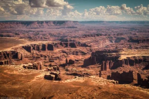 A view above the rugged topography of Monument Basin in Canyonlands National Park.