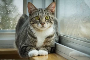 A worried, windowsill portrait of an almost full-grown Noaa.
