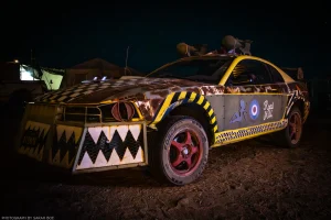 Official “war rig” of Nuke Review, themed post-apocalyptic VHS theater at Wasteland Weekend.