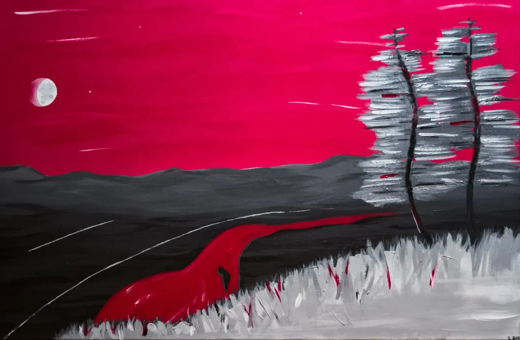 A chunky, funky, experimental landscape depicting a favorite view above Troy, MT. This larger painting was made using only three pigments.
